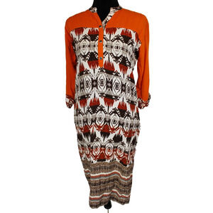 Soch Indian Kurta Dress Women XL 3/4 Sleeve Rolled Sleeve Twee Orange White